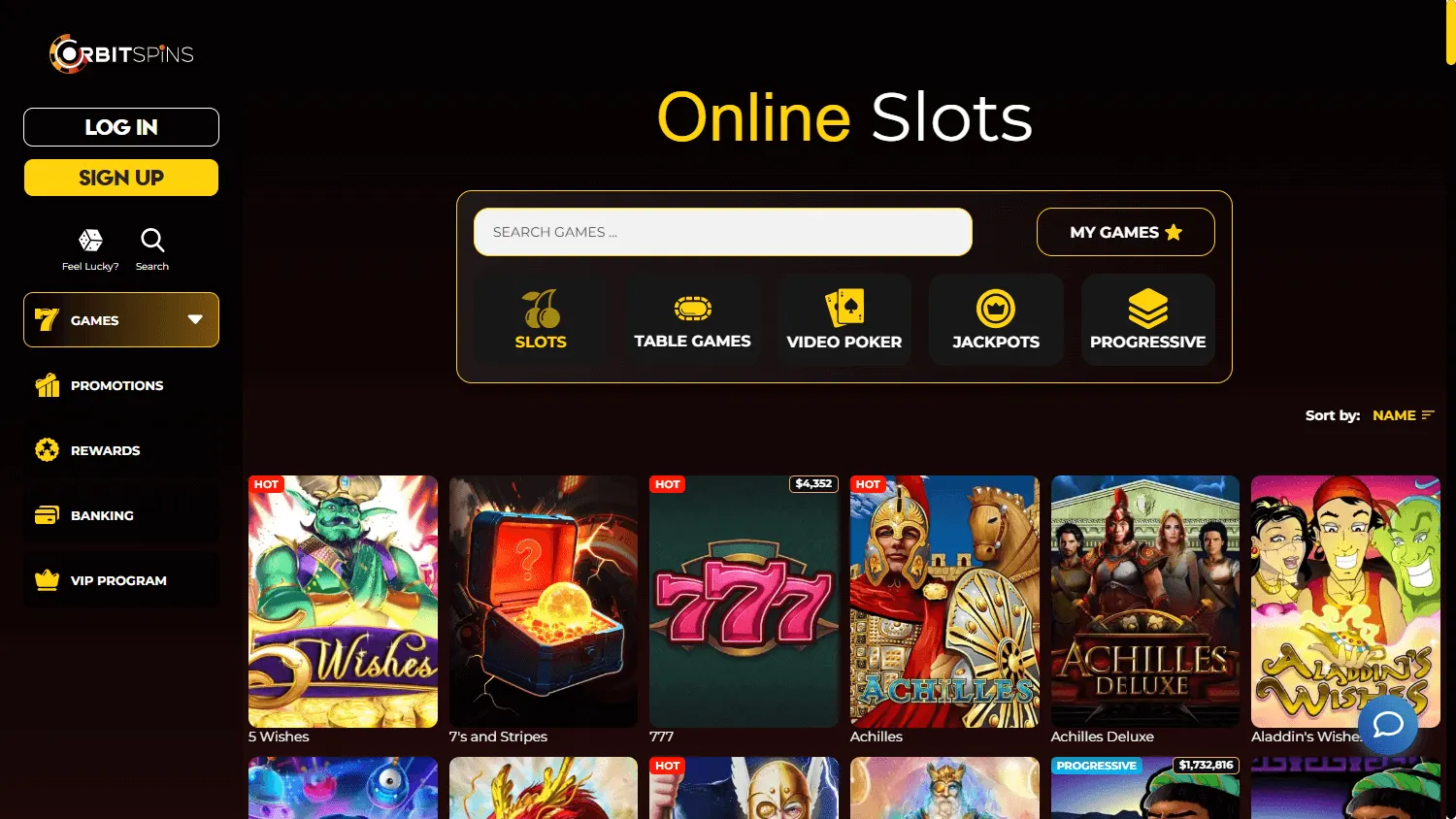 Orbit Spins Casino games area on desktop