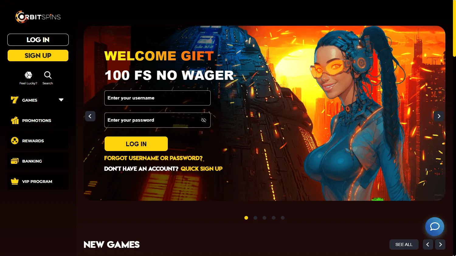 Orbit Spins Casino home page on desktop