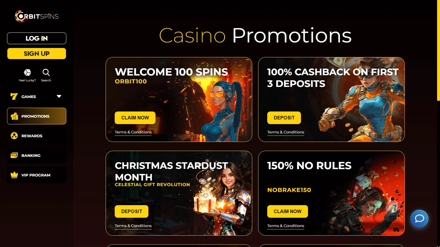 Orbit Spins Casino promotions area on desktop